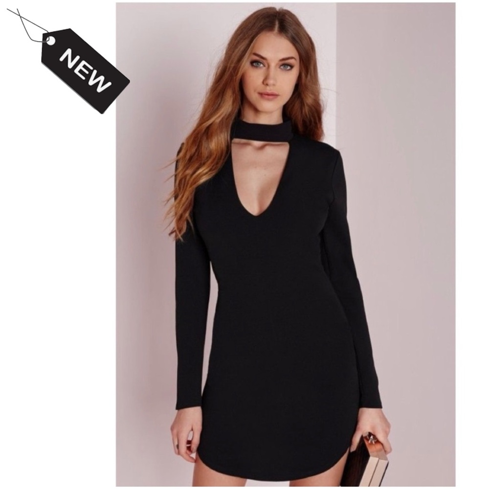 NWT Missguided Black Dress with Choker Neckline in Stretchy Scuba - Size:  2